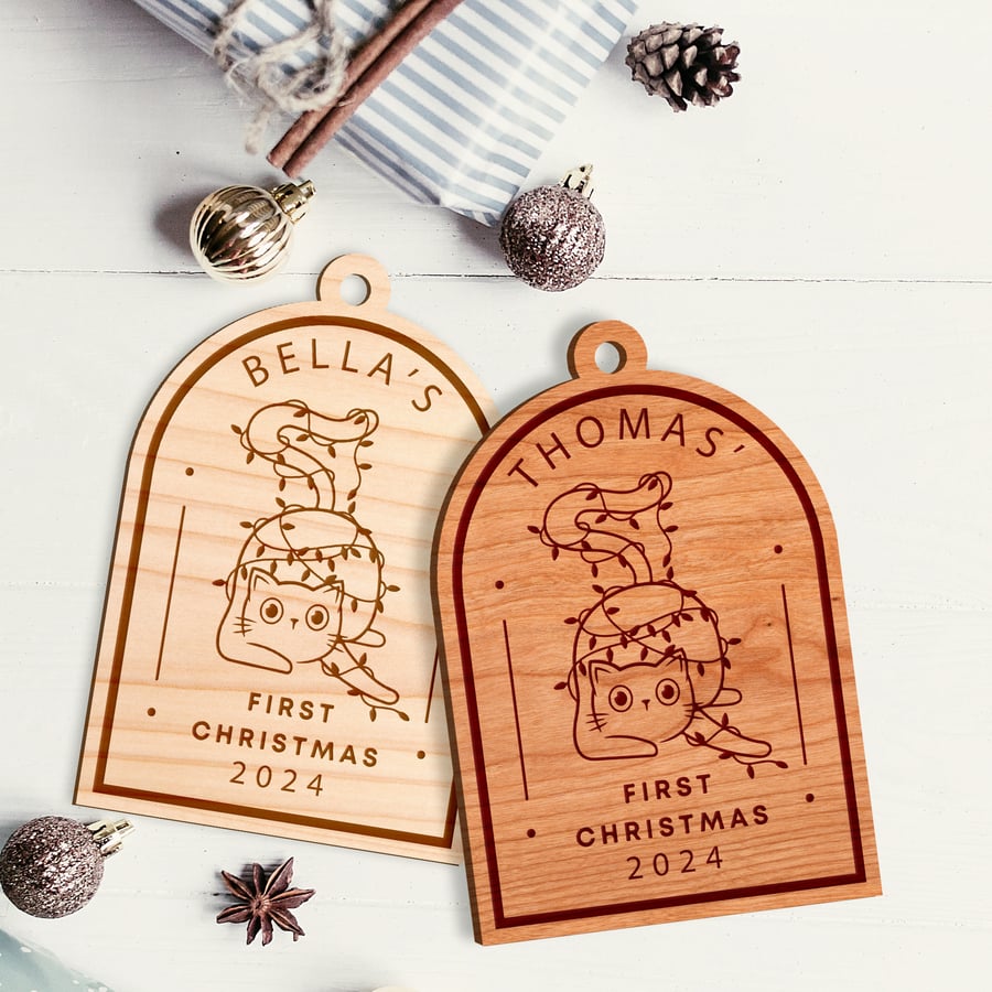 Personalised Cat First Christmas - Lights Bauble: Custom Cat Name, Pet 1st Xmas