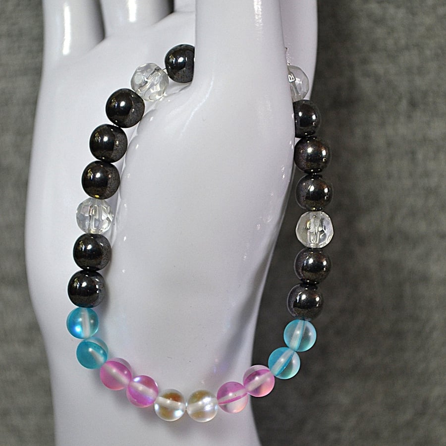 Trans Flag Mermaid Glass, Gunmetal Glass, Faceted Glass Crystal Elastic Bracelet