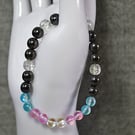 Trans Flag Mermaid Glass, Gunmetal Glass, Faceted Glass Crystal Elastic Bracelet