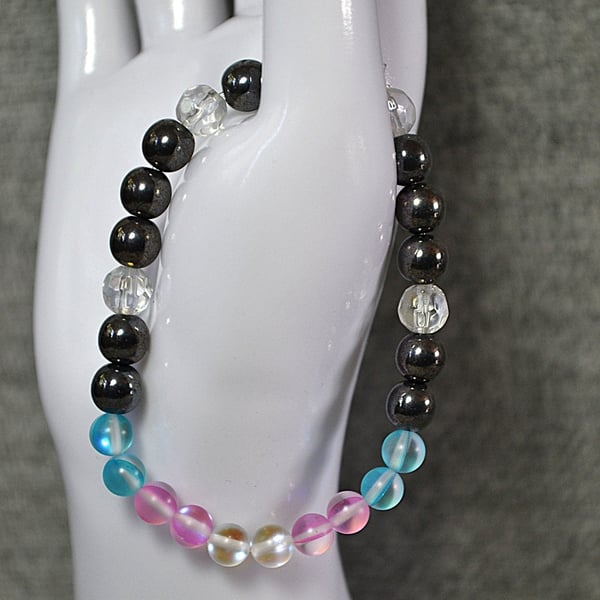 Trans Flag Mermaid Glass, Gunmetal Glass, Faceted Glass Crystal Elastic Bracelet