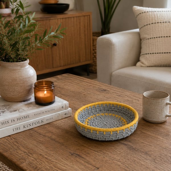 Handmade Coiled Macramé Basket - Grey & Ochre Decorative Basket