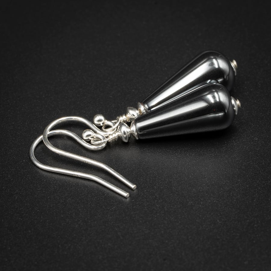 Hematite gemstone teardrop earrings, Capricorn gift. 