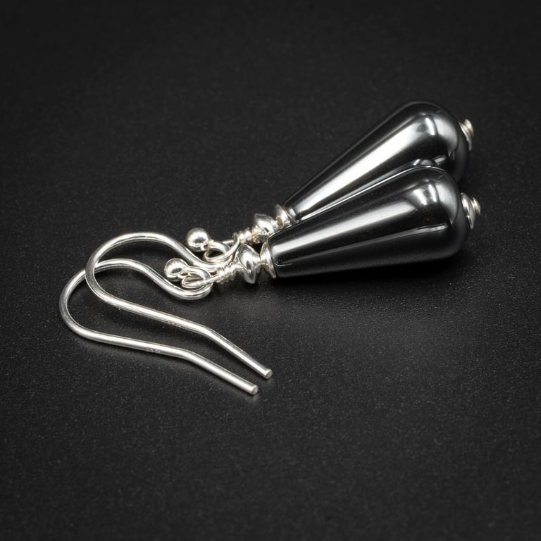 Hematite gemstone teardrop earrings, Capricorn gift. 