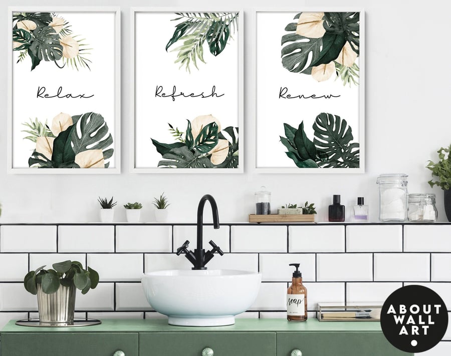 Home Decor Bathroom art prints set of 3, Botanical, Tropical Spa Bathroom Decor,