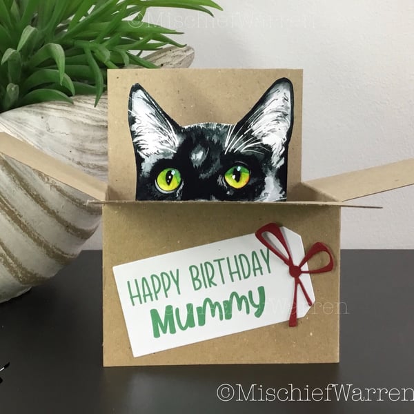 Personalised Black & White Cat Card - 3D box card for any occasion 