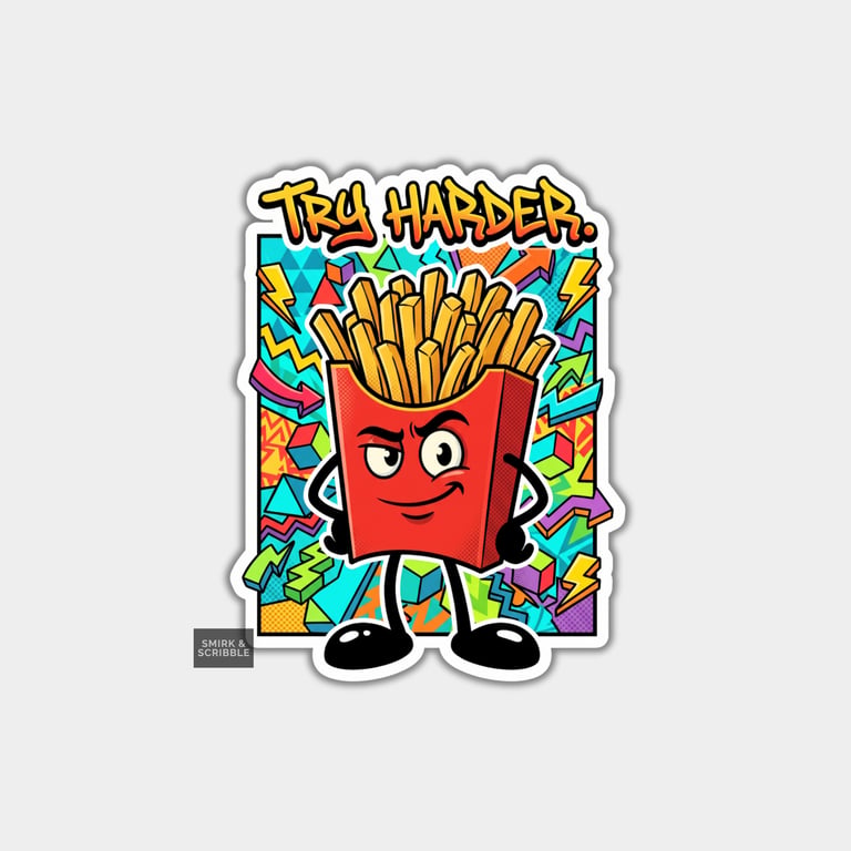 Funny Die Cut Vinyl Sticker - Try Harder French Fries
