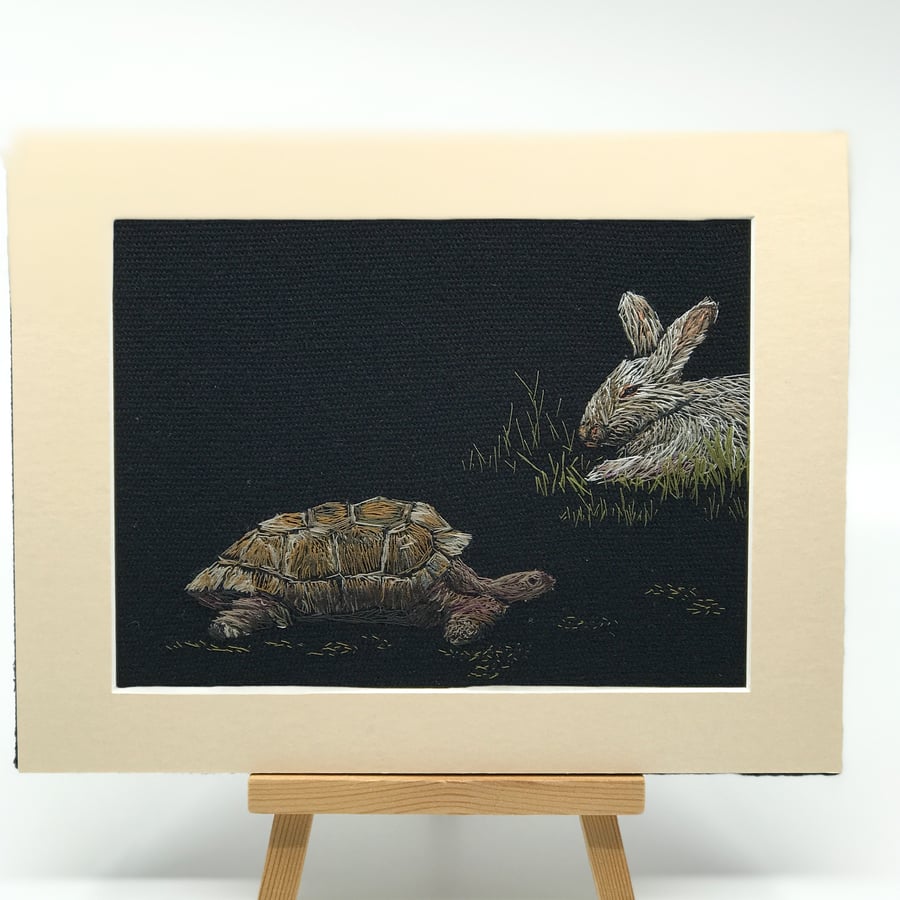 Hand embroidered picture of tortoise and hare - Aesop’s Fables