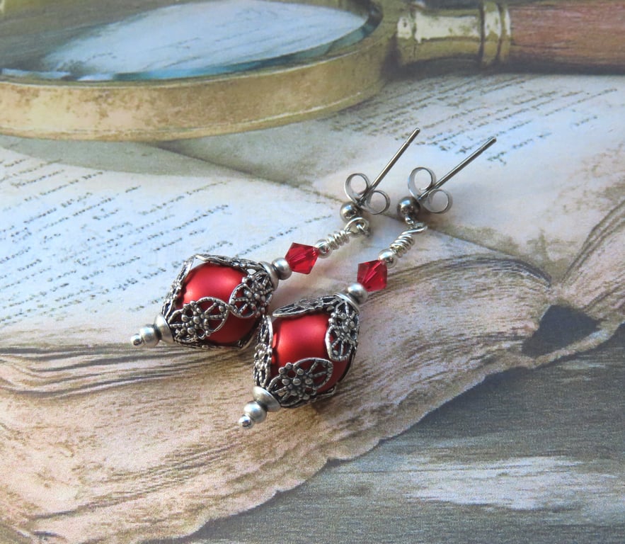 Victorian Style Red Crystal Pearls and Antiqued Silver Earrings