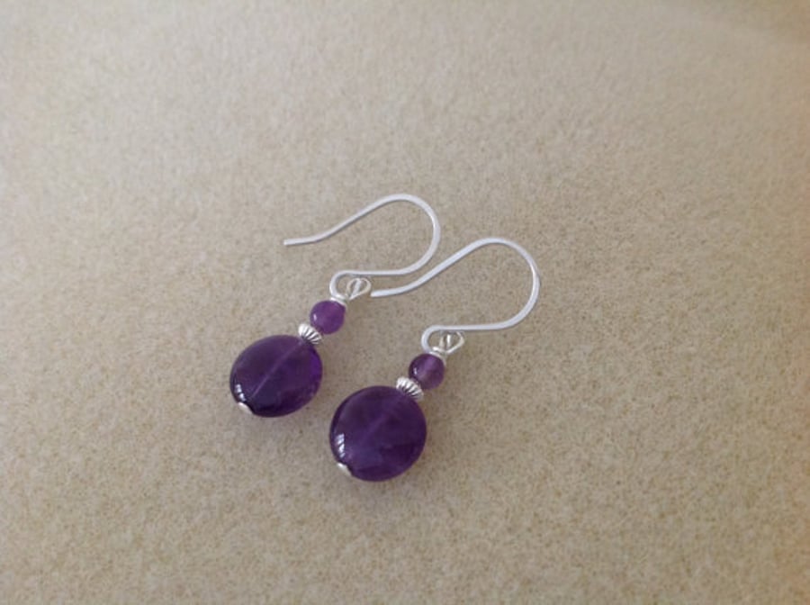 Purple Amethyst coin drop sterling silver earrings
