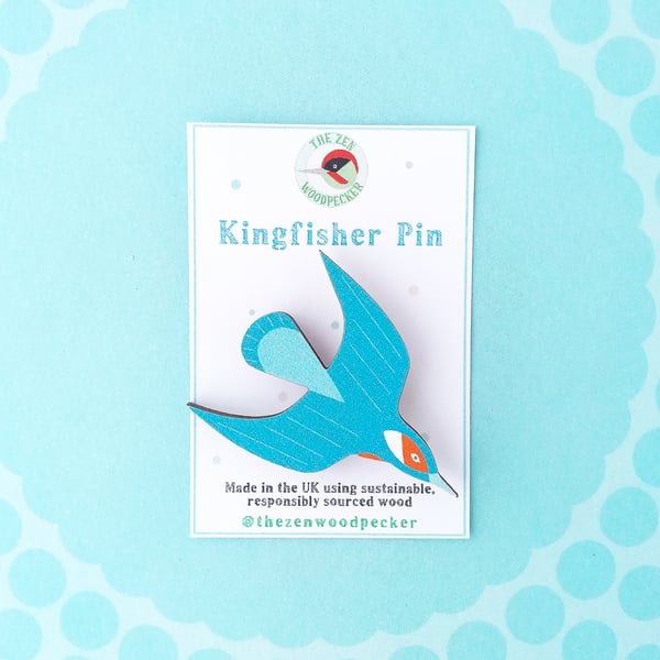 Kingfisher Pin Badge, Wooden Bird Brooch, Flying Bird Badge