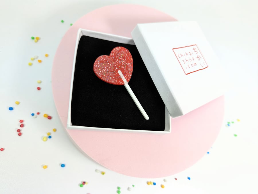 Lollipop heart brooch on acrylic Glittery Heart statement brooch Valentine's day