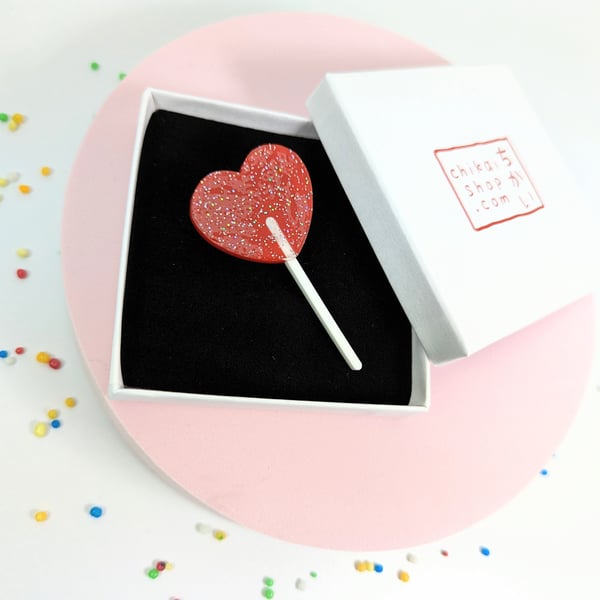 Lollipop heart brooch on acrylic Glittery Heart statement brooch Valentine's day