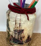 Upcycled glass jar decoupaged with historical nautical art prints and ginger cat