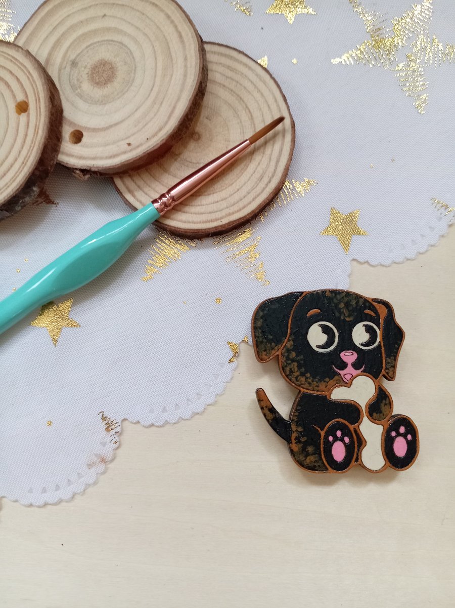Wooden Puppy dog shaped fridge magnet 