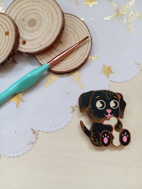 Wooden Puppy dog shaped fridge magnet 