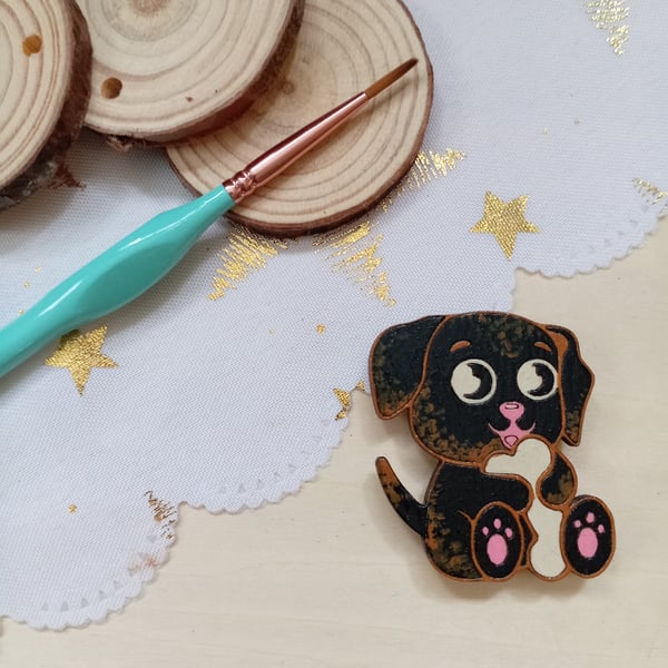 Wooden Puppy dog shaped fridge magnet 