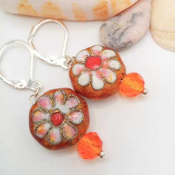 Cloisonne Cushion and Crystal Earrings, Gift for Her, Orange Cloisonne Earrings