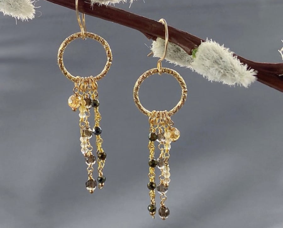 Dainty Hoop Dangle Earrings With Pyrite & Smokey Quartz 