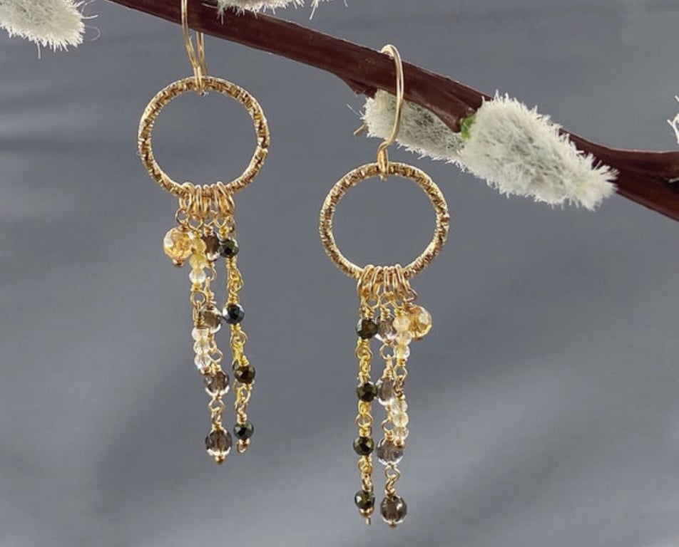 Dainty Hoop Dangle Earrings With Pyrite & Smokey Quartz 