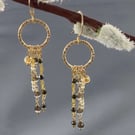 Dainty Hoop Dangle Earrings With Pyrite & Smokey Quartz 