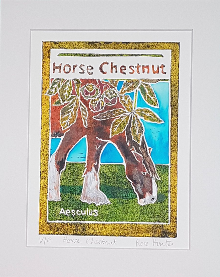 Horse Chestnut - original hand painted lino print 006