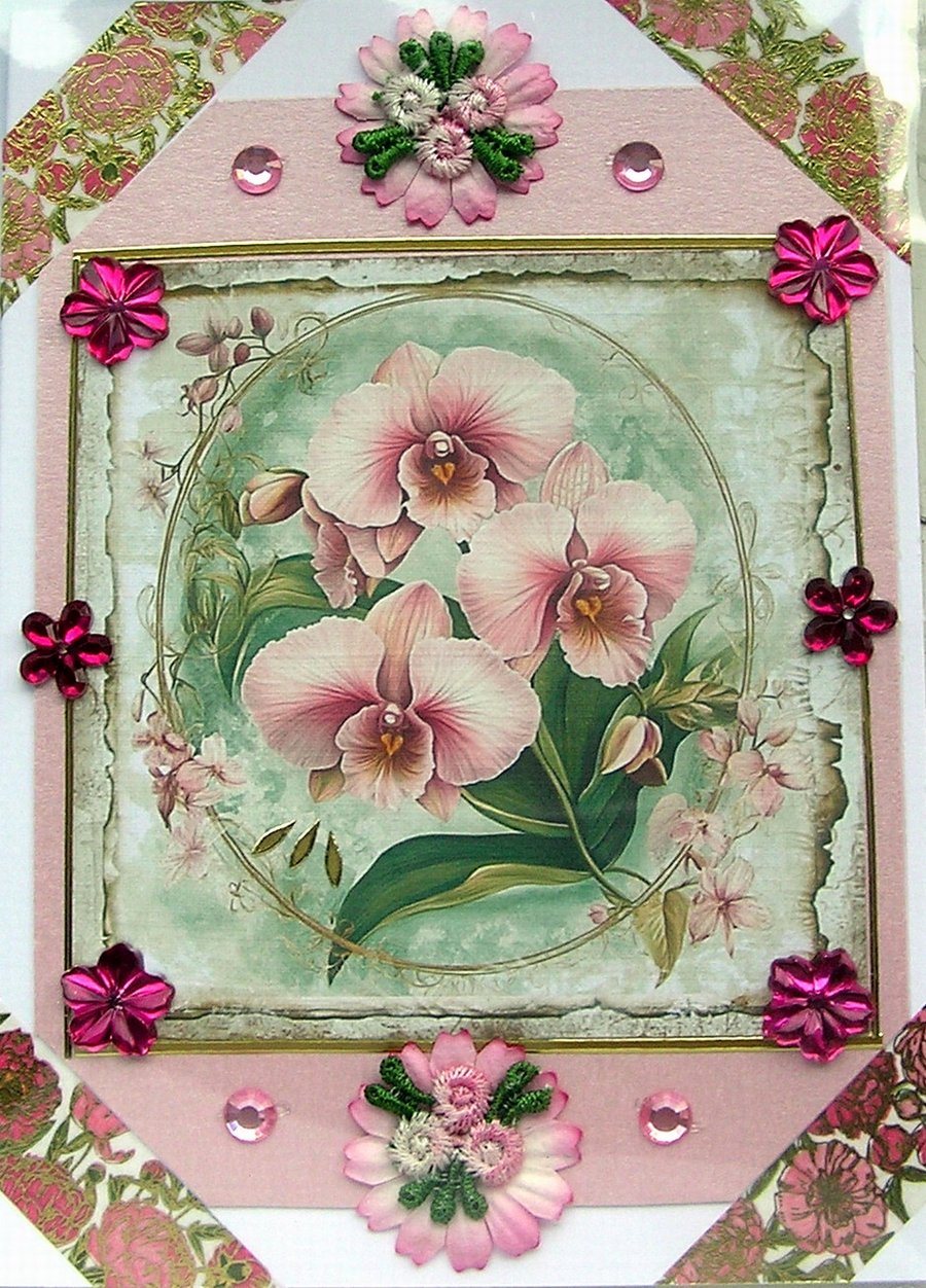 Pink Orchid Flower - Hand Crafted Decoupage Greeting Card - Blank 2997