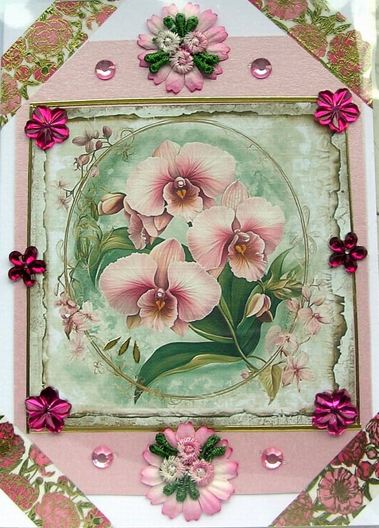 Pink Orchid Flower - Hand Crafted Decoupage Greeting Card - Blank 2997