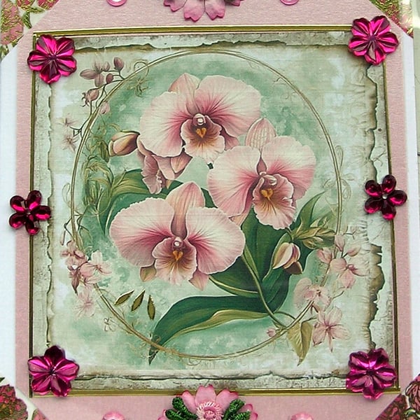 Pink Orchid Flower - Hand Crafted Decoupage Greeting Card - Blank 2997