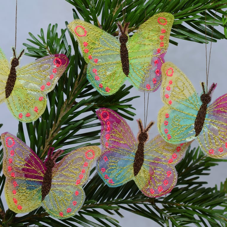 Embroidered Butterfly Hanging Decorations Tropical Rainbow Decor (Set of 5)
