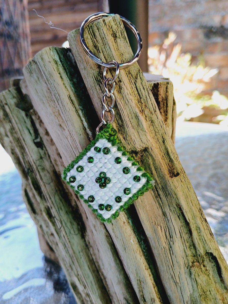 Key Ring, Embroidered with Beads on Plastic Canvas