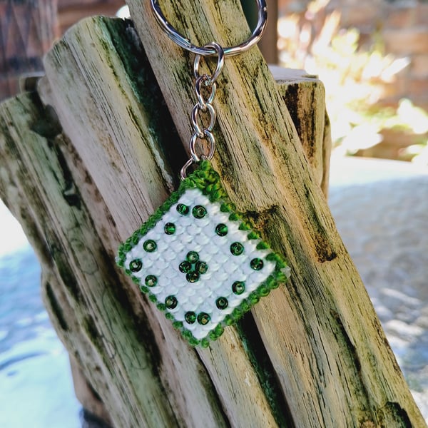 Key Ring, Embroidered with Beads on Plastic Canvas