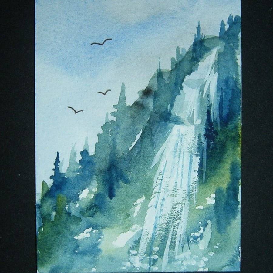 art painting original watercolour landscape aceo waterfall ref 80