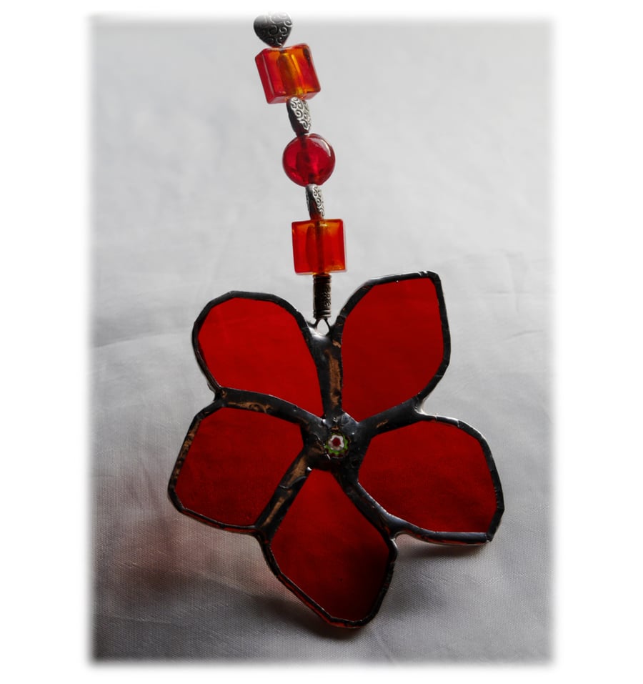Flower Drop Suncatcher Stained Glass Red Beaded hearts 006