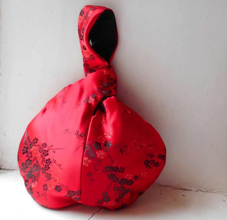 SOLD Beautiful red satin Japanese knot bag with floral jacquard