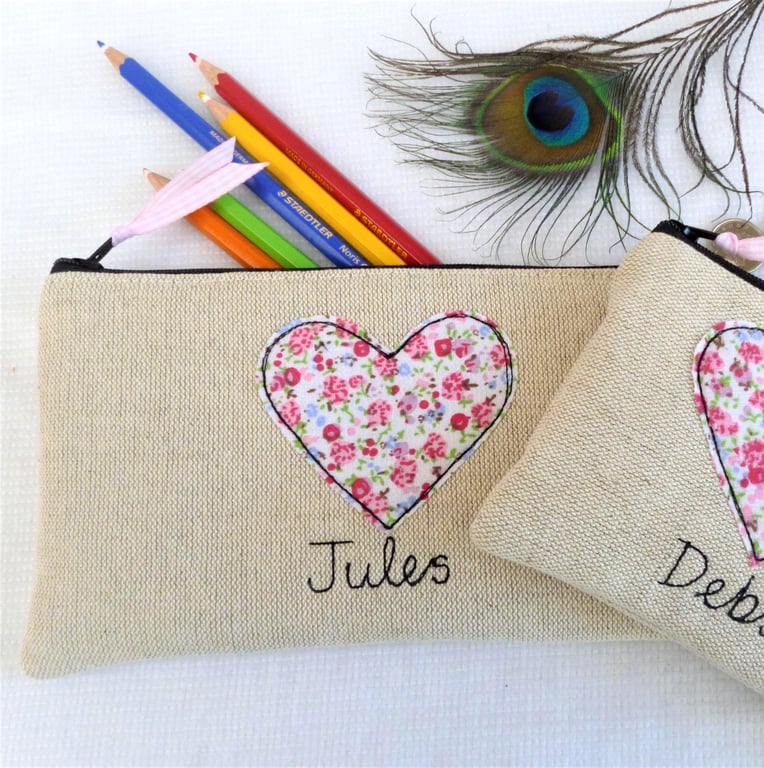 Heart Personalised Makeup Bag - Custom Cosmetic Pouch - Floral or Dot Love 