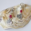Patterned Silver Heart Earrings with Ruby Gemstones