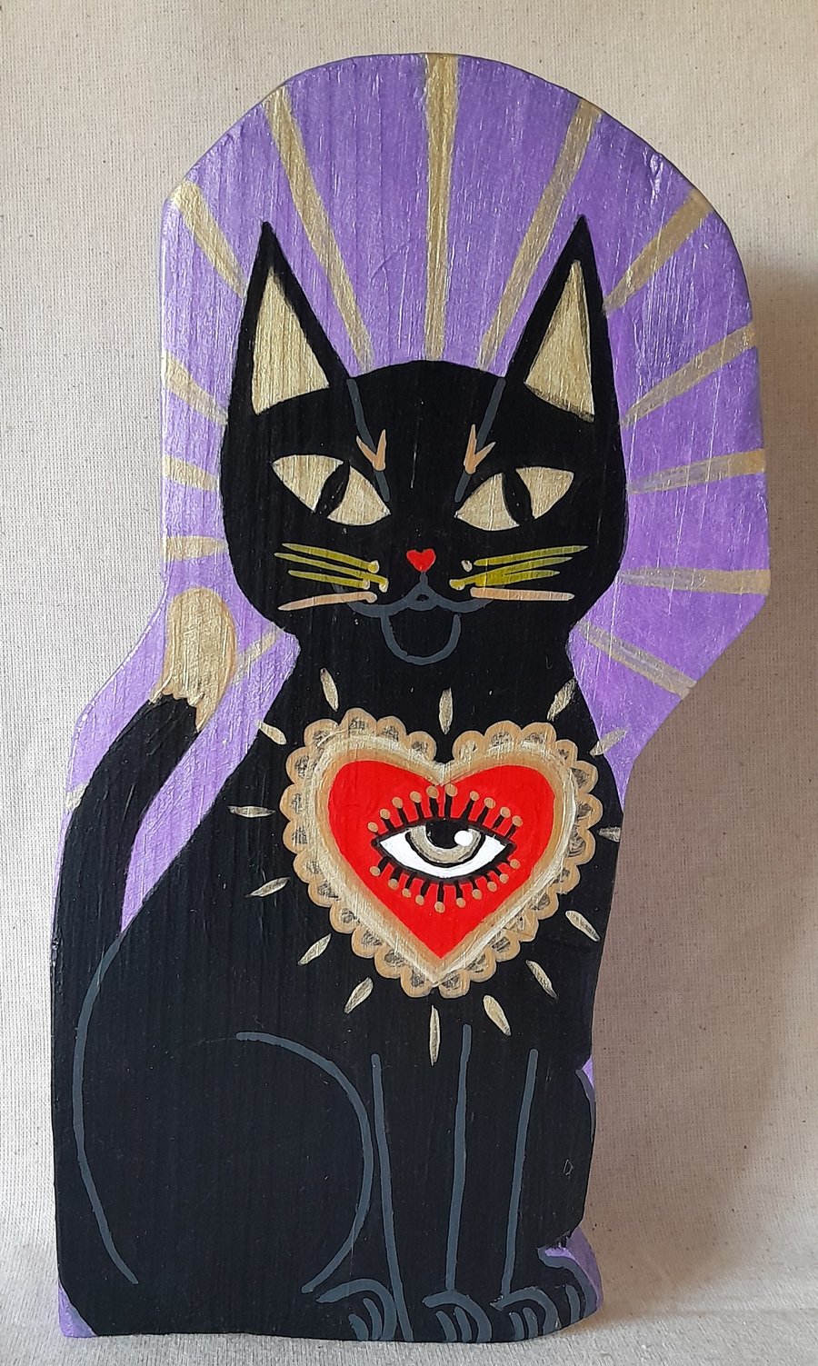 Black Cat with Sacred Heart Talisman on Hand-Painted Wood