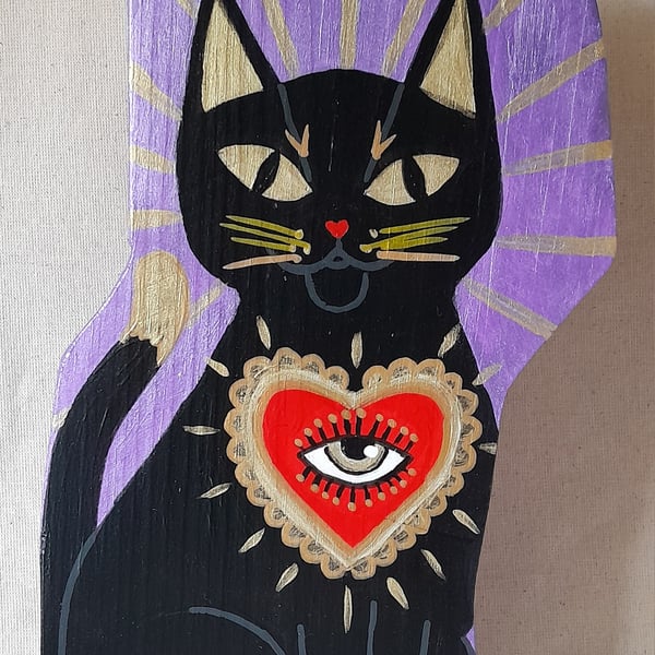 Sacred Familiar - Black Cat with Sacred Heart Talisman on Hand-Painted Wood
