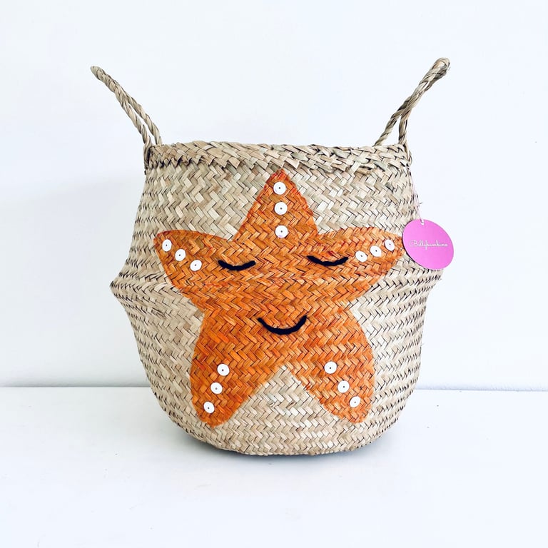 Orange starfish seagrass belly basket for kids toy storage