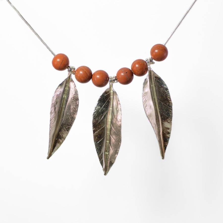 Folded Leaves Necklace, Sterling Silver with Red Jasper