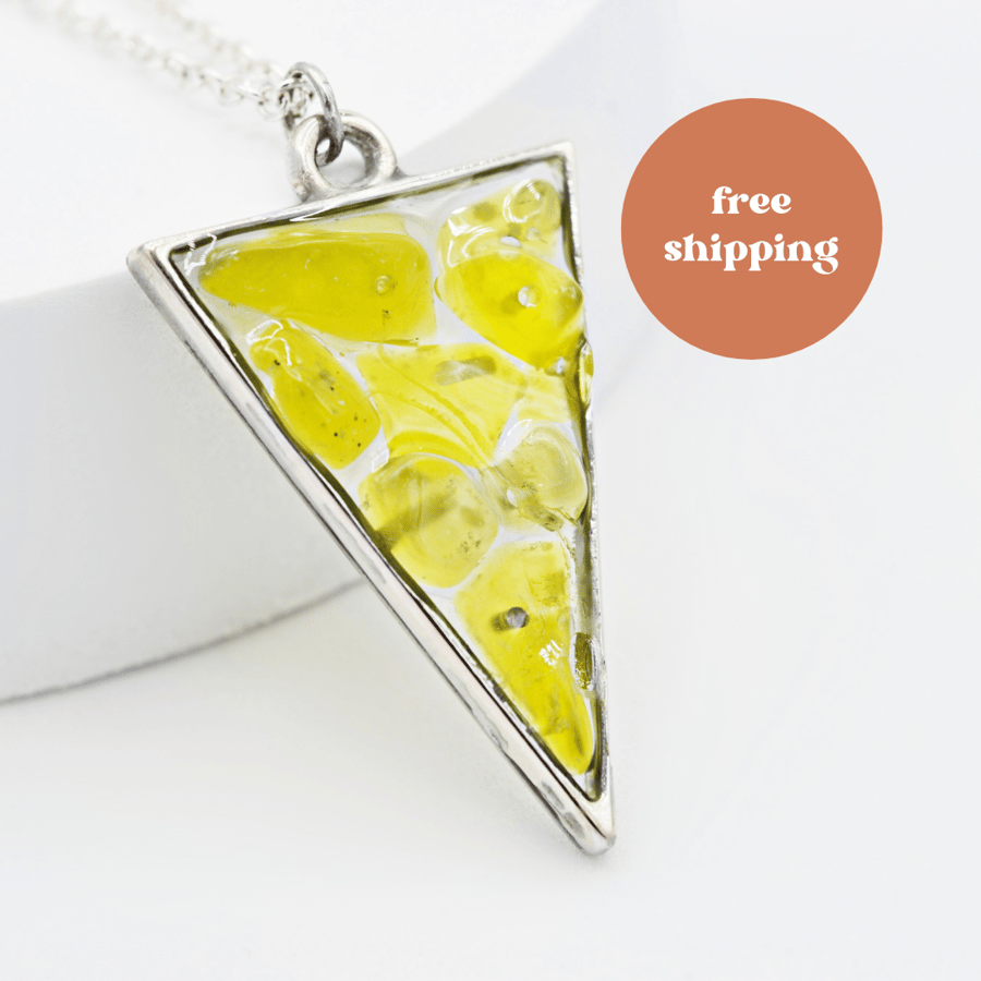 Yellow Jade Silver plated Triangle Worry Stone Necklace - Free Postage