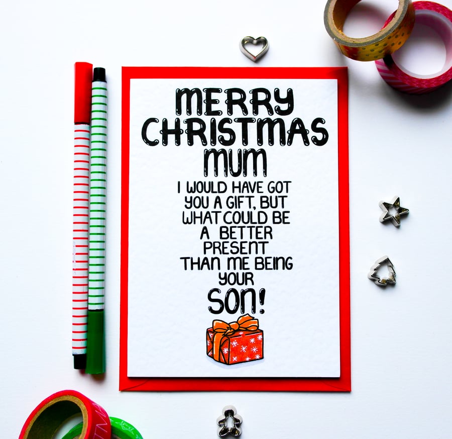 Funny Christmas Card From Son for Mum, Cheeky Christmas Card For Mum