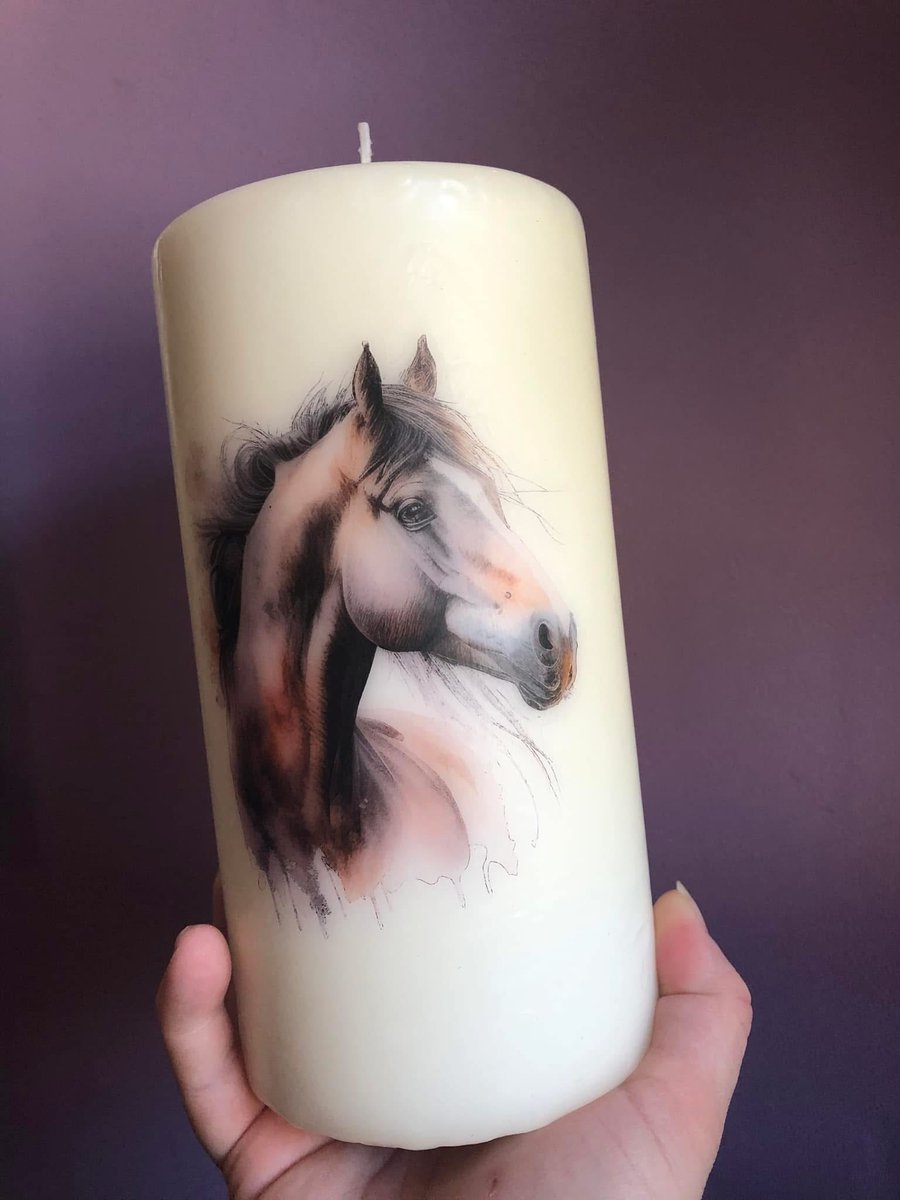 Handmade decoupage Horse pillar candle 14cm x 6.5cm