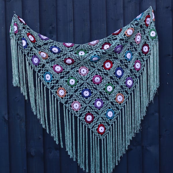 Crochet triangular shawl in sparkly white, rainbow and pale green - design LF433