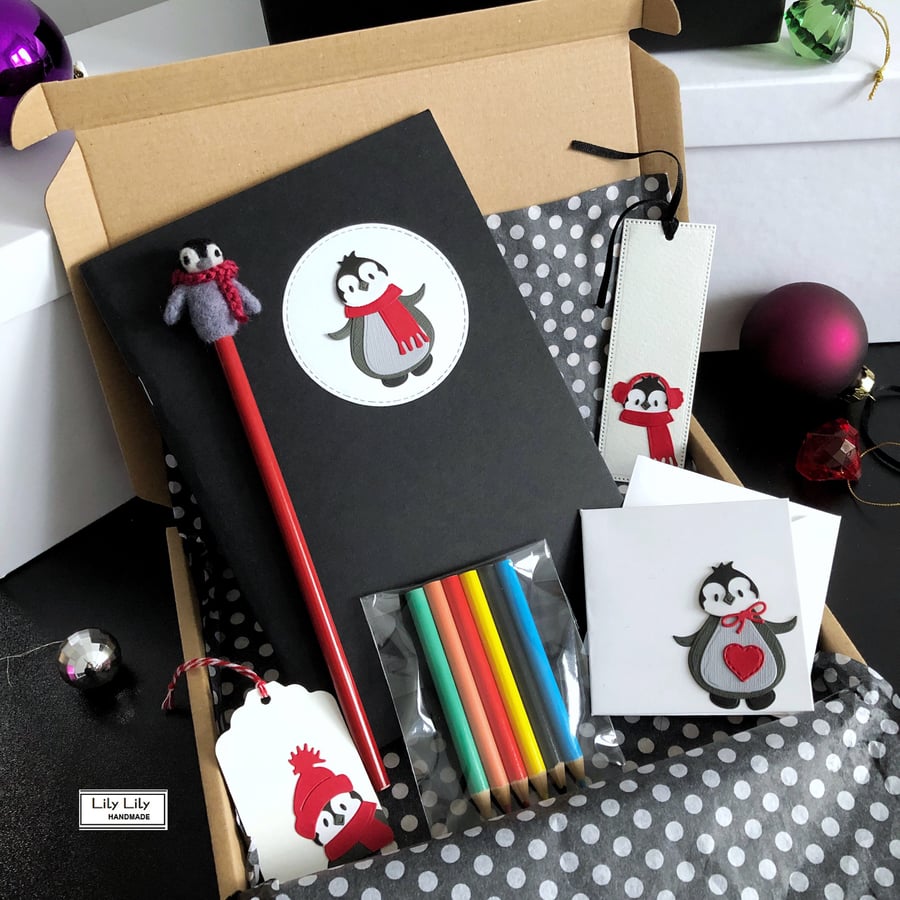 Penguin stationery bundle (red), boxed handmade gift set by Lily Lily Handmade 