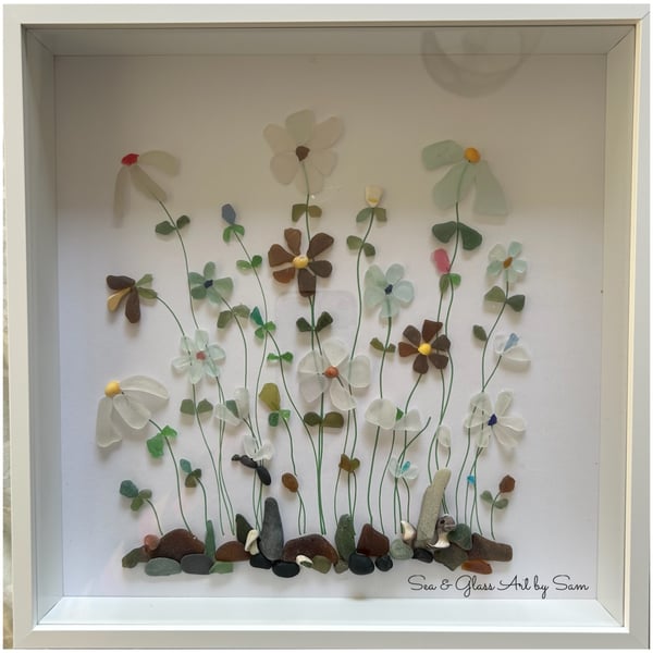 Large Handmade Sea Glass Wildflower Meadow Picture - Framed 12x12 Anglesey Art