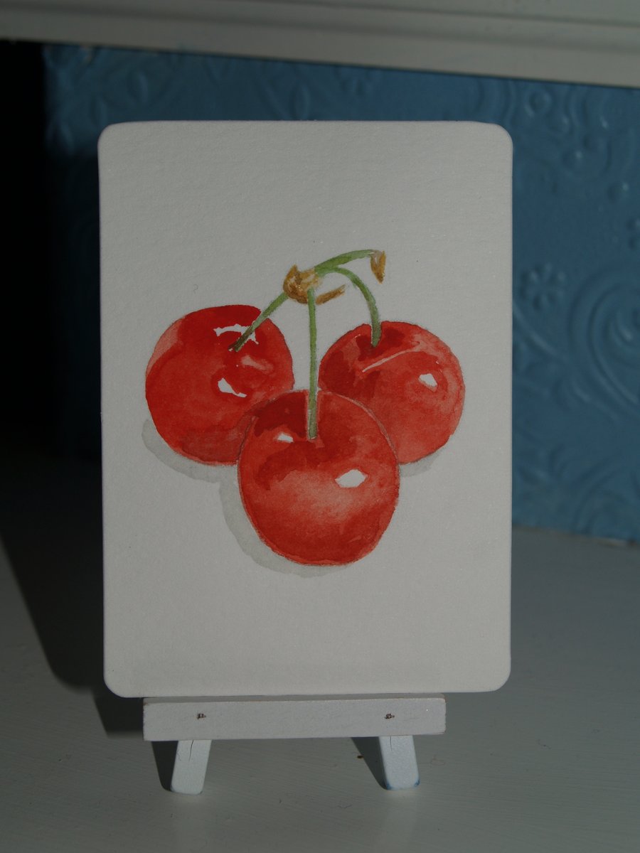 ACEO Original watercolour Three Cherries