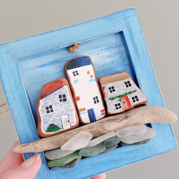 Reclaimed Pottery Cottages Wall Art - Sustainable Art from Beachcombed Pottery