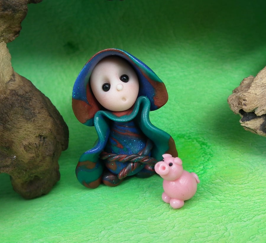 Tiny Gnome Pig-keeper with Piglet Pig OOAK Sculpt by Ann Galvin Gnome Village