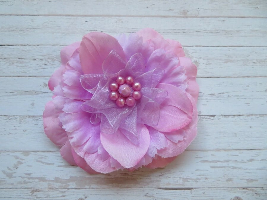 Pale Pink & Lavender Rose Flower Organza Pearl Brooch Corsage Wedding Gift 